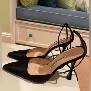 Manolo Blahnik Black Satin Strappy Pump (3 Inches)